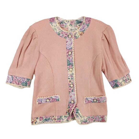 Vtg 80s Jeffrey & Dara Linda Hutley Floral Knit Blouse Button Lace Jacket Top - Picture 1 of 7